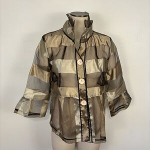 Damee, Inc Womens M Sheer Gold Metallic Stripe Jacket Organza Blouse Avant Garde